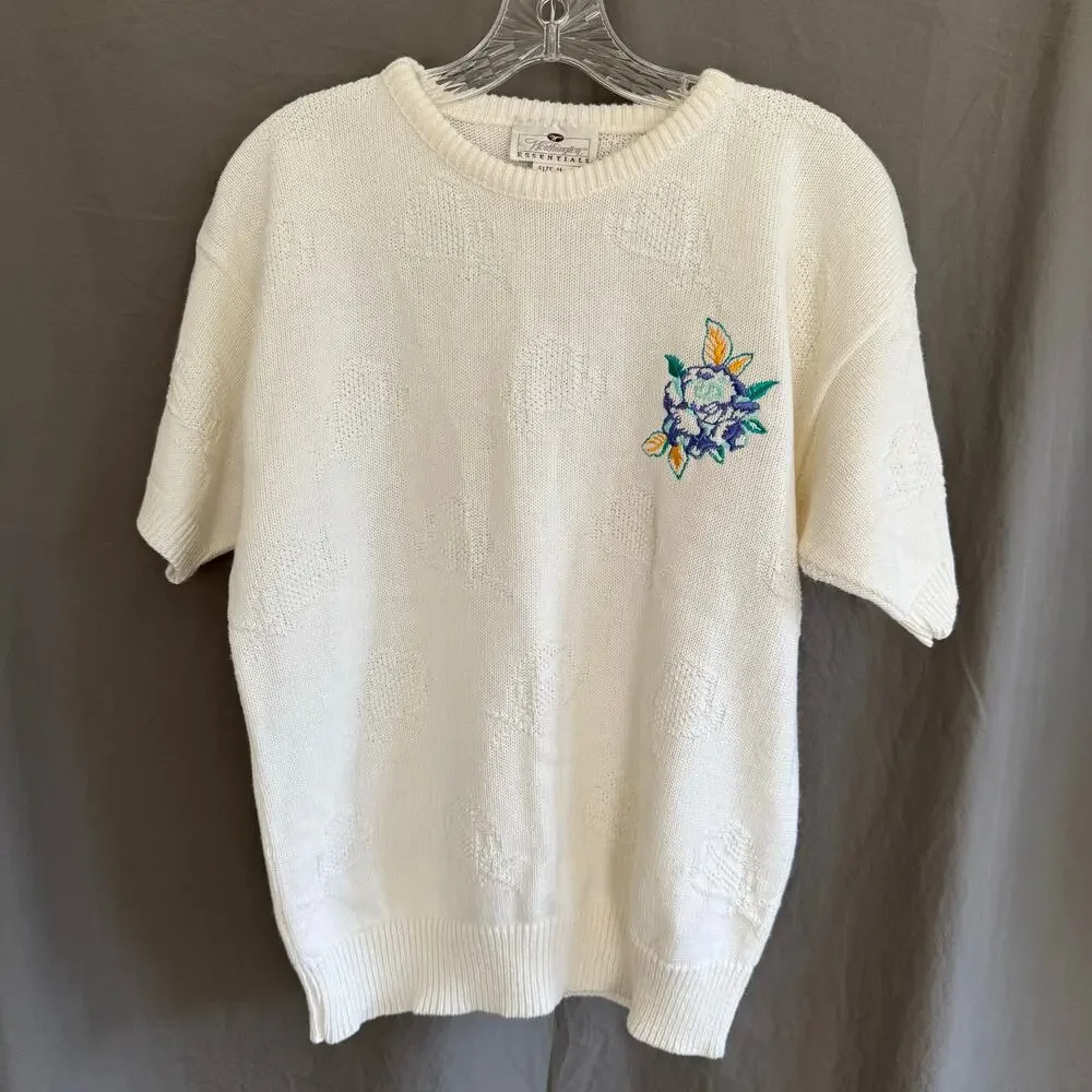Vintage Worthington Sweater 80s Floral Embroidery Hearts Kitsch Cute Size Medium
